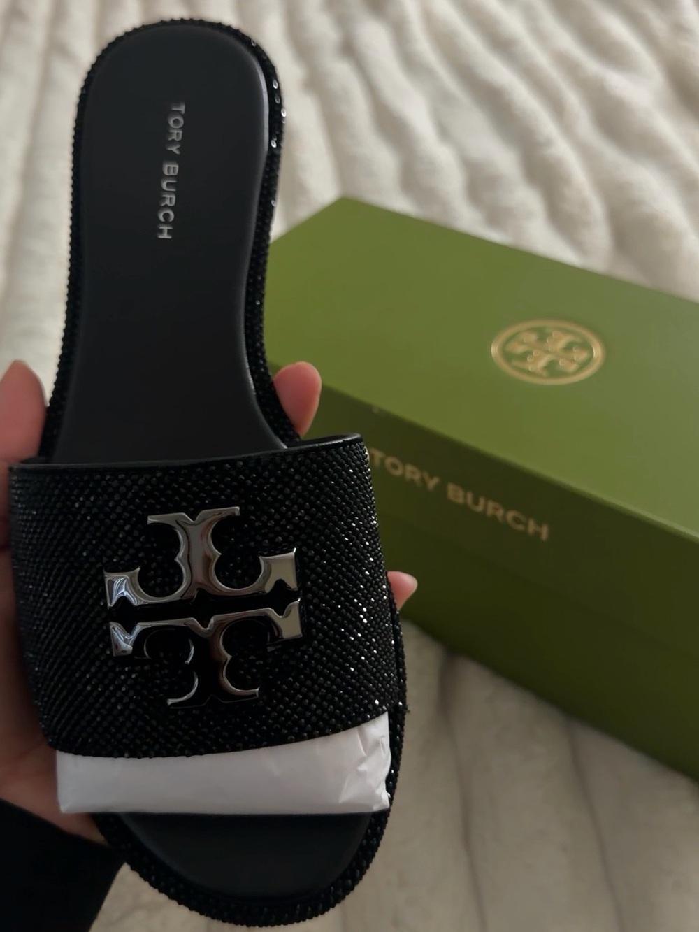 Tory Burch Black Crystal Logo Slide